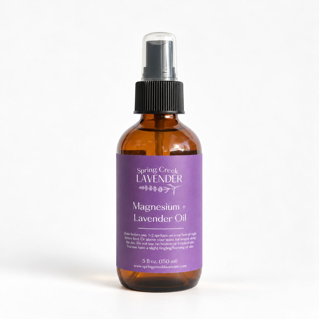 Spring Creek Lavender Magnesium Spray in a labeled spray bottle, a lavender-scented addition to an everyday self-care routine.