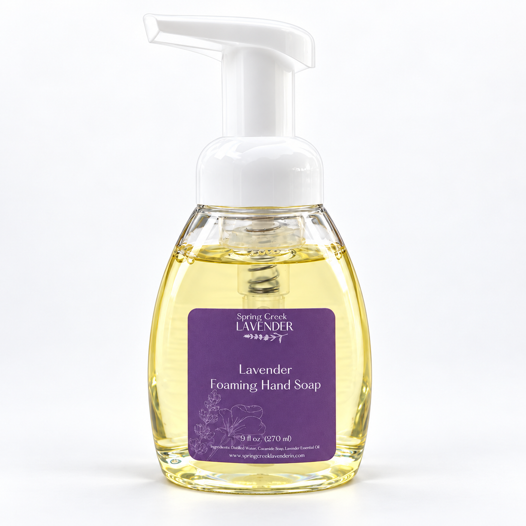 Spring Creek Lavender Foaming Hand Soap in a clear pump bottle with a purple label and white foaming dispenser.