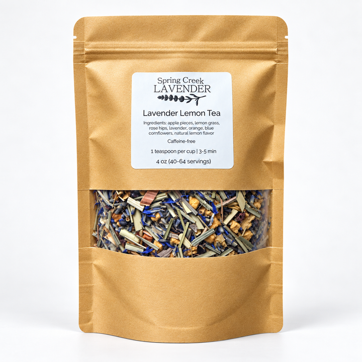 Spring Creek Lavender Lemon Herbal Tea in a gold 4 oz resealable pouch with a clear window showing lemongrass, lavender, and colorful botanical pieces.